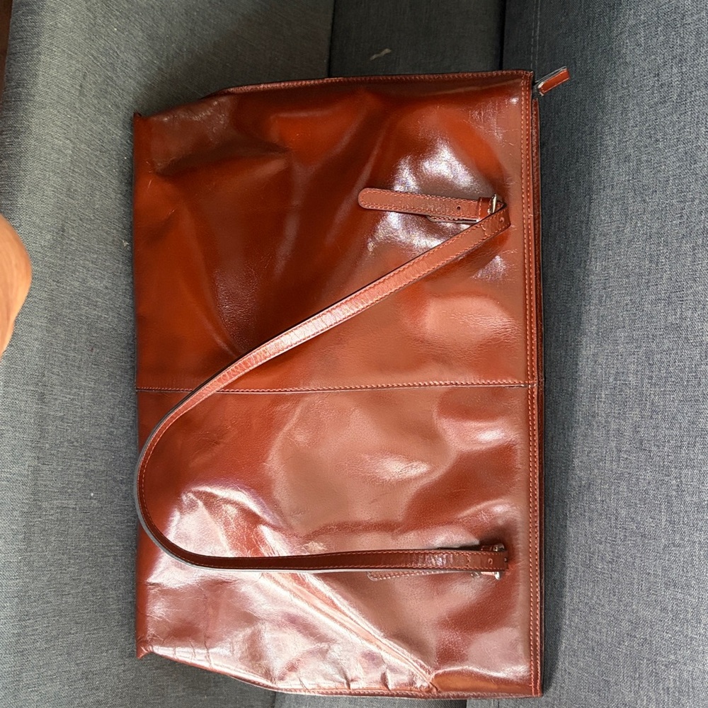 Elegant Brown glossy Leather zipper shoulder Tote Bag 11x 15x 3.5 - Picture 14 of 16